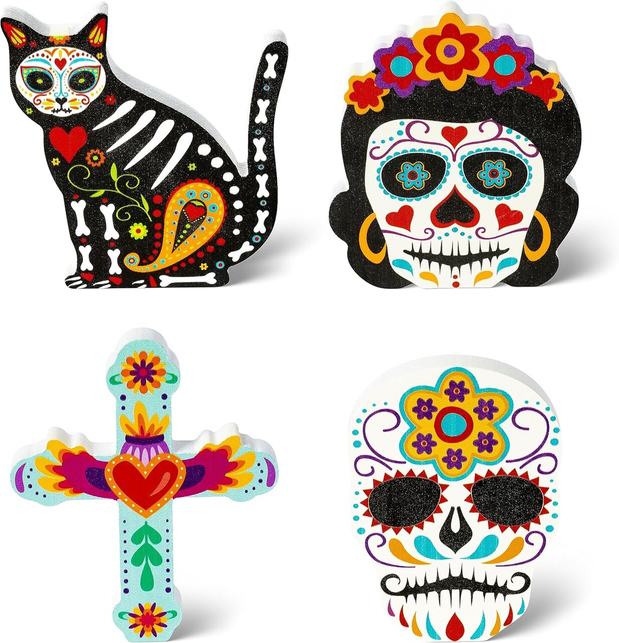 4pcs Day of the Dead Wooden Table Topper Centerpiece Signs, Mexican Dia De Los Muertos Cross Sugar Skull Skeleton